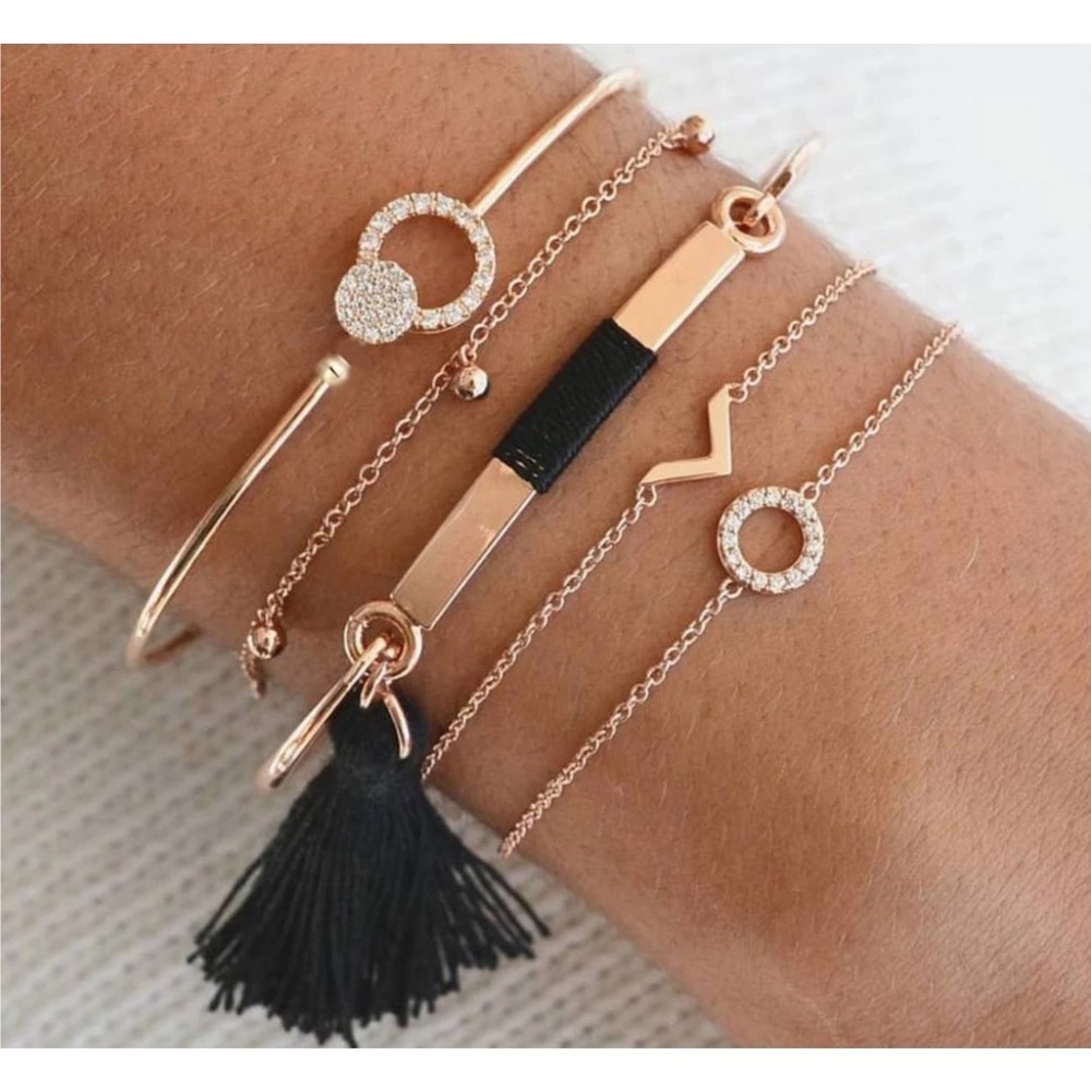 NEW Gold Bracelet Set Rhinestone Tassel Charm Bangle Chain Link Boho Jewelry